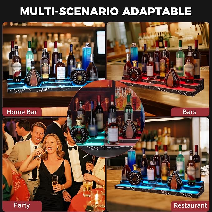 Lighted Liquor Bottle Display Shelf 2-Pack, RGB 3-Tier Bar Shelf with Music Sync, Black Marble-Look Finish on Wood, Remote & App Control, USB Powered for Home Bar & Party