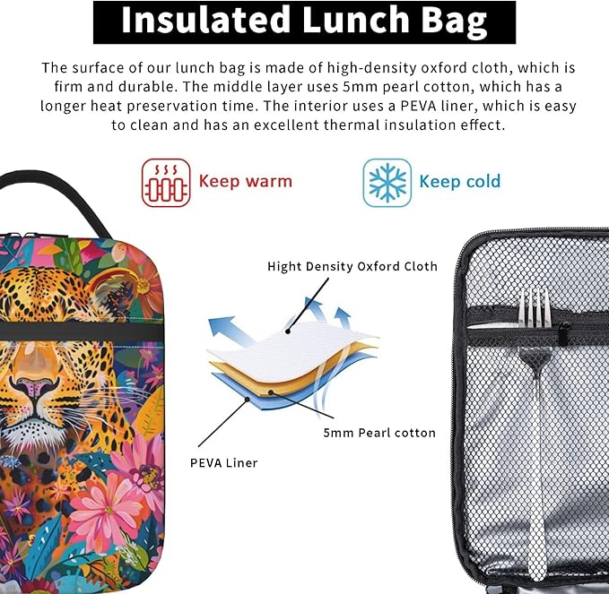 VANZEV Insulated Lunch Box for Women Men, Leopard Floral Lunch Box Reusable Portable Lunch Bag Cooler Tote Waterproof Lunch Container for Office Picnic Work Travel Hiking