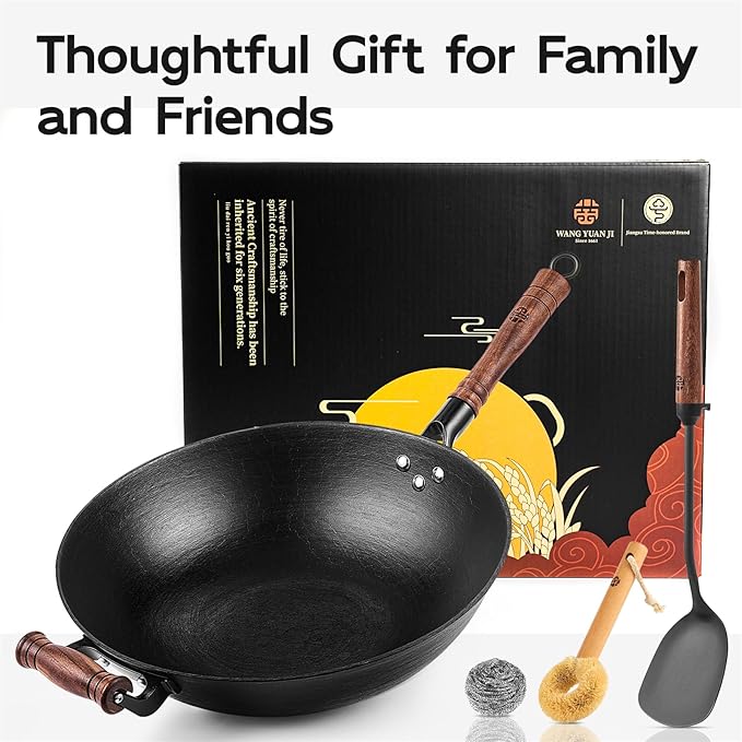 WANGYUANJI 13.4 Inch Cast Iron Wok with Lid and Iron Spatula, Flat Bottom Double-Handle Stir Fry Pan, Chemical-Free Uncoated Wok for Induction, Gas and Electric Stoves