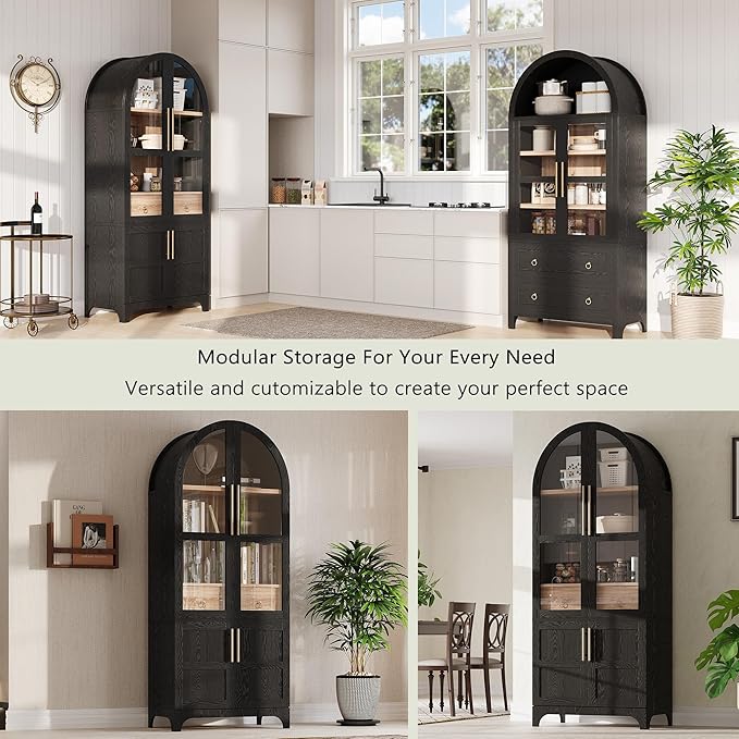GDFStudio Mariah 71" Tall Arched Kitchen Pantry Cabinet with Hidden Drawer, Glass Door & Adjustable Shelves, Farmhouse Storage Cabinet Cupboard for Kitchen Dining Room, Home Pantry Storage, Black