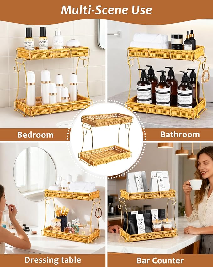 Bathroom Organizer Countertop Perfume Organizer Makeup Organizer Cosmetics Storage Display Rack Vanity Tray, Handwoven Imitation Rattan Tray Perfume Holder for Dresser, Kitchen, Counter (Gold)
