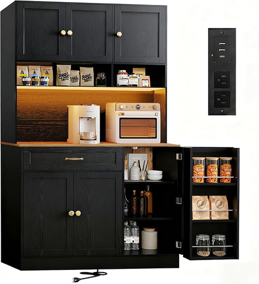 72" Kitchen Pantry Cabinet with LED Light and Charging Station Tall Pantry Storage Cabinet with Adjustable Shelves and Door Shelves Modern Kitchen Hutch with Countertop Black