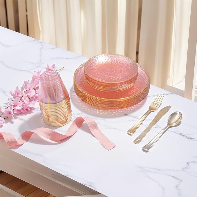 DaYammi 60PCS Pink Gold Plastic Plates - 10 inch Pink Plastic Dinner Plates - Hammer Pattern Design - Fancy Clear and Gold Disposable Plates Ideal for Mother's Day