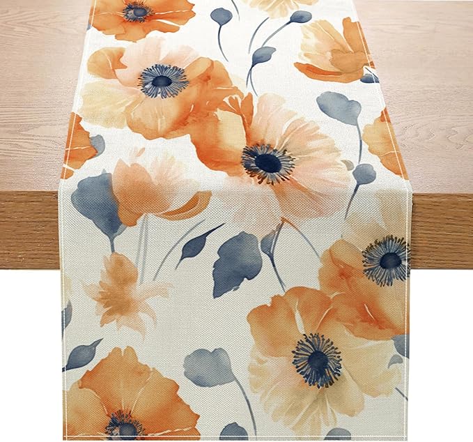 ZCHOMI Orange Floral Fall Table Runner 13x72 Inch Poppy Flower Seasonal Autumn Kitchen Dinning Table Decoration for Indoor Outdoor Home Party Decor