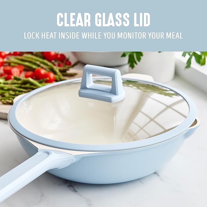 GreenLife Nonstick 12??(5QT) All in One Deep Skillet Wok with Lid, PFAS-Free Non-Toxic Ceramic Multi-Purpose Pan, Induction, All Stovetop, Egg, Stir Fry, Saute, Stay Cool Handle, Blue Haze