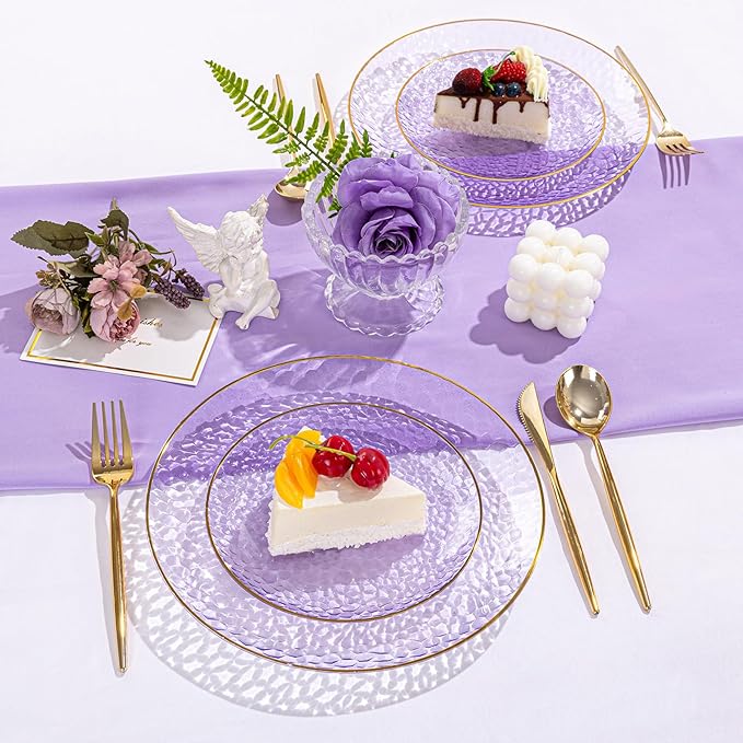 SUT 36Pcs Purple Plastic Plates, Hammered Plates Disposable Heavy Duty, Purple Disposable Plates With Gold Rim, Fancy Plastic plates Include 18 Dinner and 18 Dessert plates for Wedding