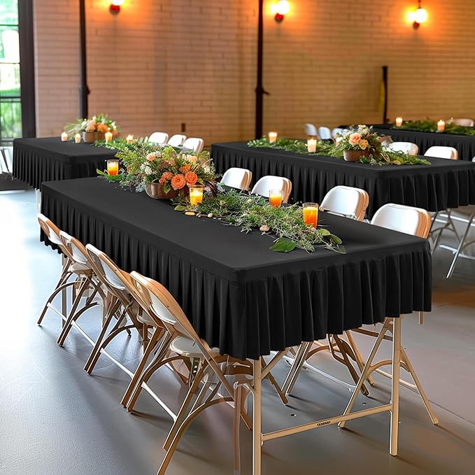 Wish Care 2 Pack Black Spandex Tablecloths for 6 Foot Rectangle Tables One-Piece 6ft Wrinkle Free Elastic Ruffle Table Cloths Stretch Fitted Table Cover Skirt for Dining Outdoor Home Party Tablecloth