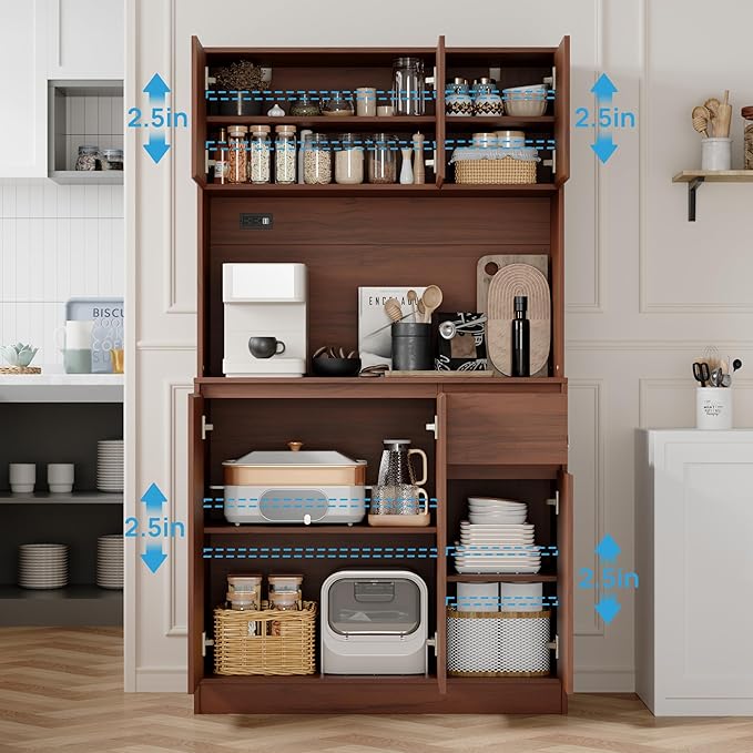 71" Tall Brown Kitchen Pantry Cabinet with 6 Doors & Power Outlet, Freestanding Storage Hutch with Countertop, Adjustable Shelves for Dining Room, Laundry Room