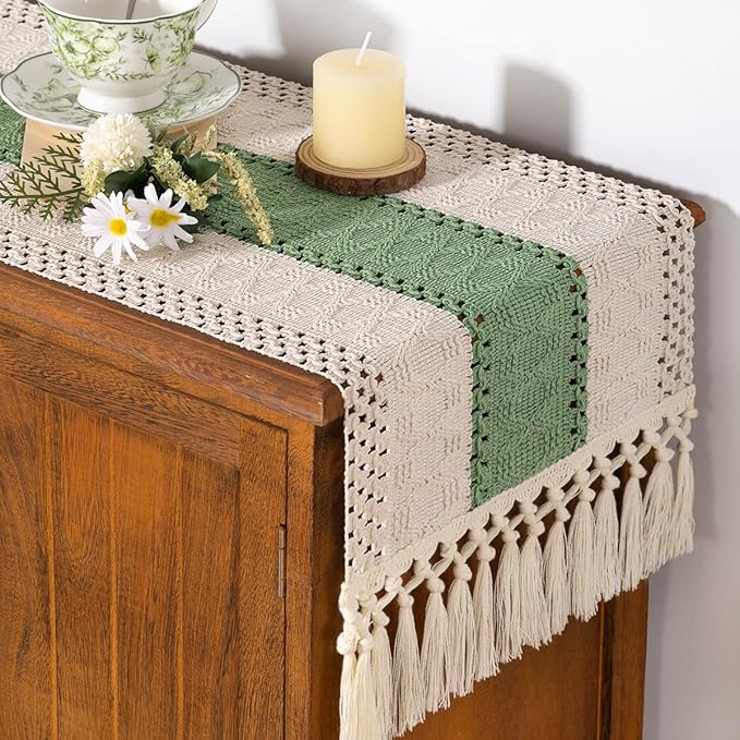 Socomi Boho Table Runner Macrame Long Valentine's Day Farmhouse Woven Cotton Linen Rustic Coffee Table Runner with Tassels for Dresser Scarf Home Decor Dining Room 12x108 inch Sage Green Ivory