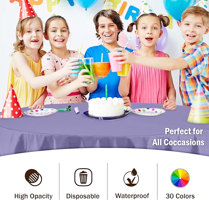 Party Solids 6-Pack Premium Plastic Tablecloth 84in. Round Plastic Table Cover - Lavender
