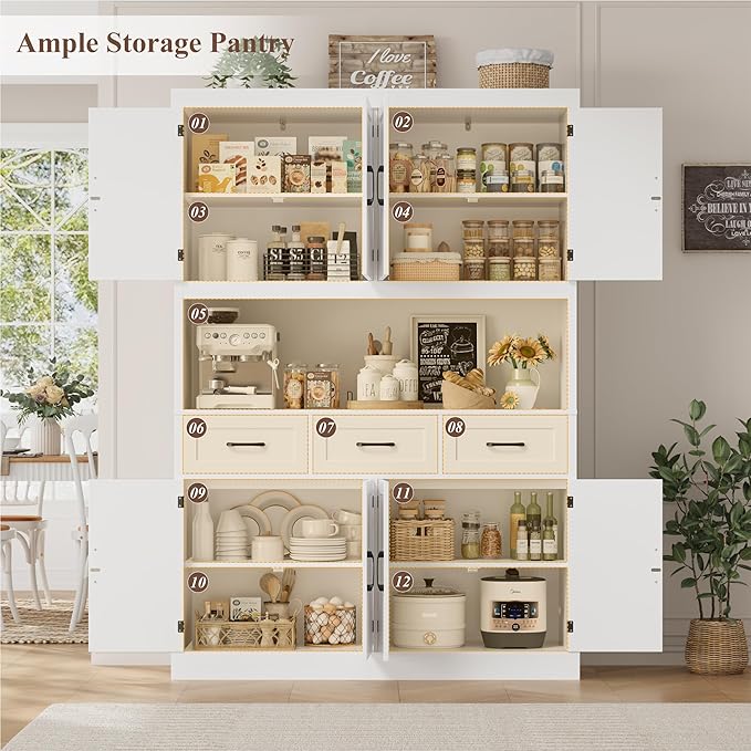 HITHOS 76" Tall Kitchen Pantry Storage Cabinet, 55??Wide Kitchen Hutch Cabinet with Storage Drawers, Large Food Pantry with Microwave Stand, Modern Cupboard with Hutch for Dining Living Room, White