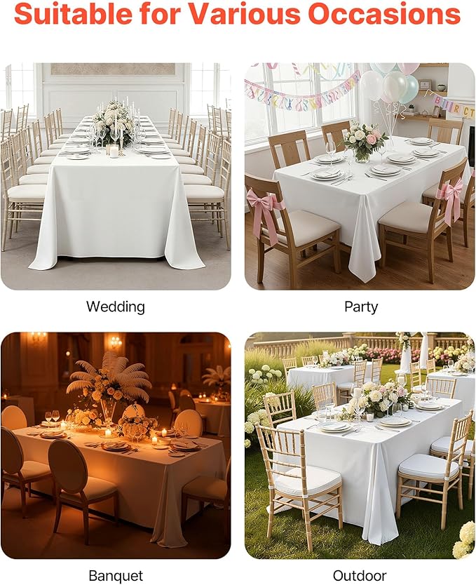 VEVOR White Tablecloths for Rectangle Tables, 10 Pack, 70 x 120 Inches, Reusable and Machine Washable Table Clothes, Wrinkle-Resistant Polyester Fabric Table Covers for Wedding, Party, Banquet