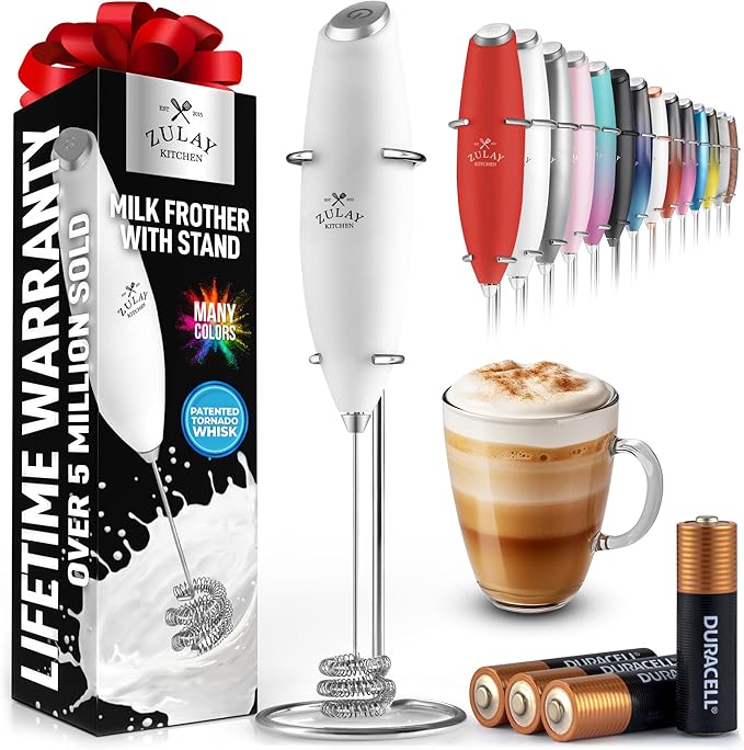 Zulay Kitchen Patented Tornado Triple Whisk Milk Frother with 4 Duracell Batteries ??Handheld Foam Maker for Coffee, Lattes, Matcha & Hot Chocolate ??Rich, Creamy Froth in Seconds