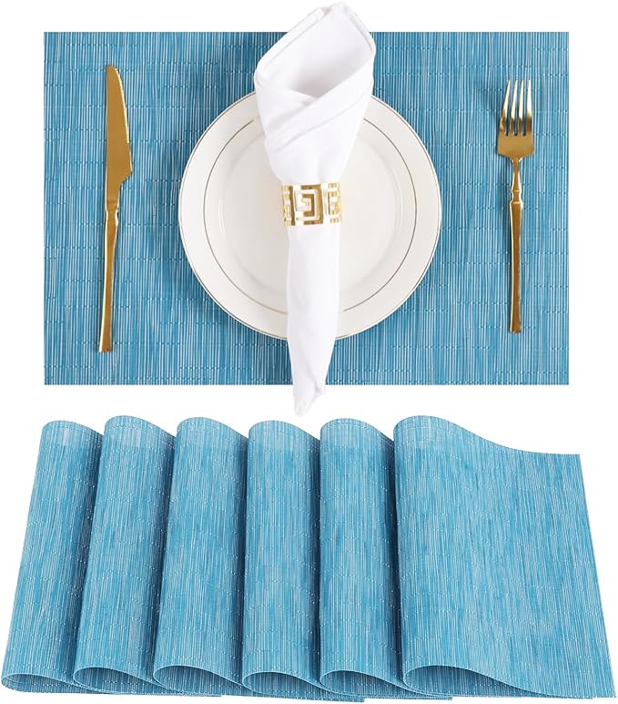 Blue Placemats Set of 6 Washable Place Mats PVC Vinyl Woven Table Mats for Dining Table Durable Heat Resistant Non-Slip Size 12 x 17 Inch
