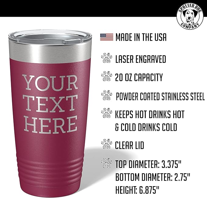 Personalized 20oz (17 Colors) Powder Coated Insulated Stainless Steel Tumbler with Lid, Custom Etched, Customized Text Message Name, Engraved Gift Idea Women Men Him Her, Your Text Here (Maroon)