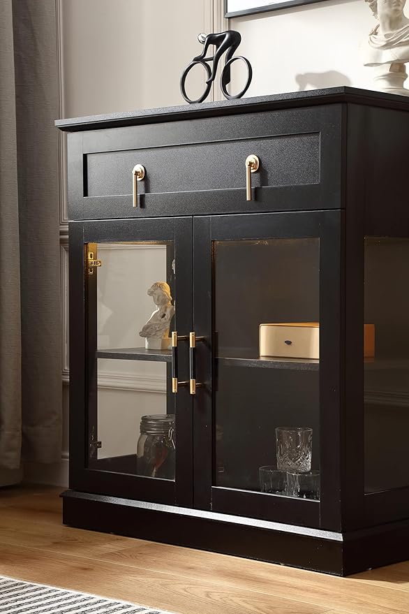 31.5'' Accent Small Buffet Cabinet with Storage, Buffet Sideboard with Two Glass Doors and a Drawer,Small Coffee bar Cabinet with Adjustable Shelf,for Kitchen and entryway,Black