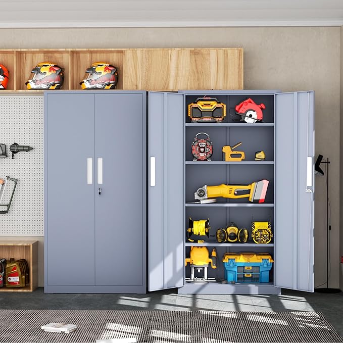 INTERGRAET 63" Tall Pantry Cabinet,Kitchen Pantry Storage Cabinets with 2 Doors and 4 Shelves,Cement Gray Metal Storage Cabinet,Cupboard for Home,Kitchen,Living Room/Dining