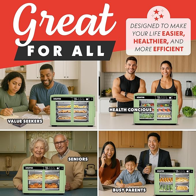 Gourmia French Door Air Fryer Oven - 37 Qt Large Capacity Convection Toaster Oven, FryForce 360°, Digital Display, 12 Cooking Presets, Dehydrate, Fits 13??Pizza, Dishwasher-Safe, Green