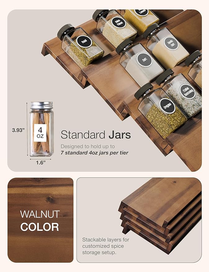 Tinamo Acacia Wooden Spice Rack Organizer for Cabinet - Spice Drawer Insert, Spice Organization for Cabinet, Seasoning Organizer, Spice Holder Pack of 8 (Walnut, Pack 4)