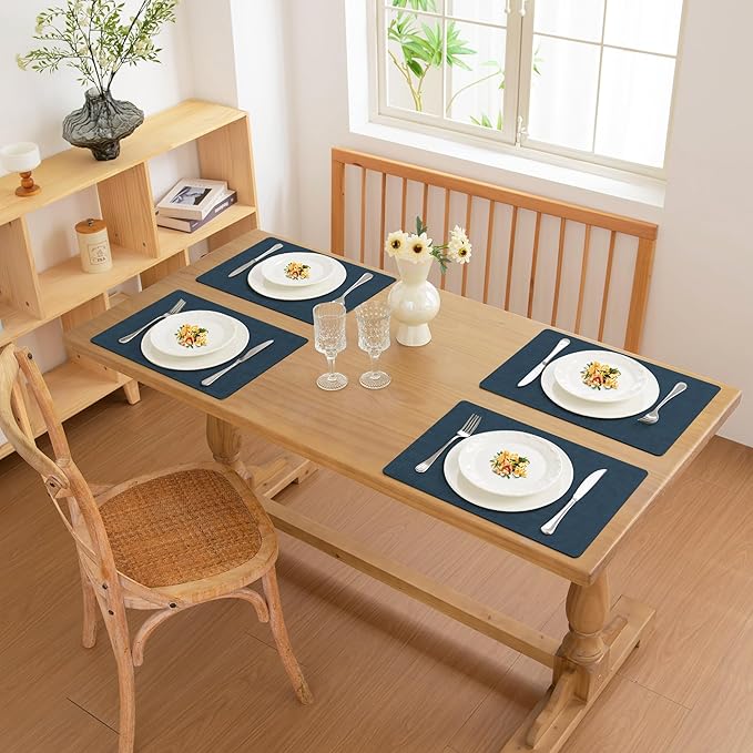 FROMHEART Faux Leather Placemats Set of 6?밯aterproof,Heat/Oil Stain-Resistant PU Table Mat?밨eversible,Non-Slip,Easy to Clean Place Mats for Kitchen,Dining,Indoor/Outdoor,(Dark Blue,11.8" x 17")
