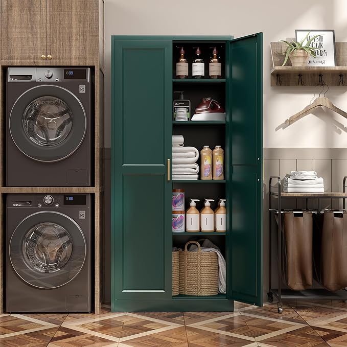 Kitchen Pantry Cabinet,71?쒰reen Metal Pantry Storage Cabinets with Doors and 4 Adjustable Shelves,Kitchen Cabinet with 2 Gold Handles,Tall Cabinet for Livingroom, Bathroom