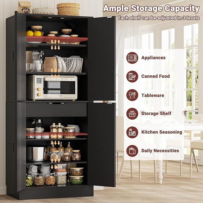 Unikito 71" Tall Kitchen Pantry Cabinet with Farmhouse Barn Doors and Storage Drawer, 4 Adjustable Shelves, Freestanding Cupboard for Kitchen, Dining Room, Living Room, Utility Room, Black