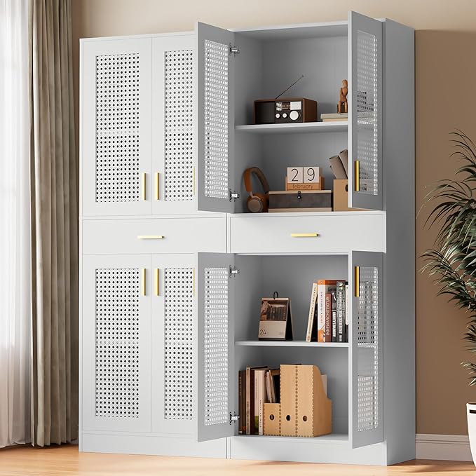 Cozy Castle Kitchen Pantry Cabinet, 71" Tall Rattan Doors Storage Cabinet with Large Drawer and Adjustable Shelves, Freestanding Rattan Pantry Cabinets for Kitchen, Dining Room, Living Room, White