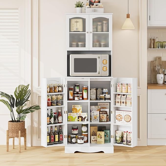 HOSTACK 71'' Pantry Cabinet, Tall Storage Cabinet with Microwave Stand, Freestanding Kitchen Hutch with Doors and Adjustable Shelves, Mordern Food Pantry for Kitchen, Dining Room, White