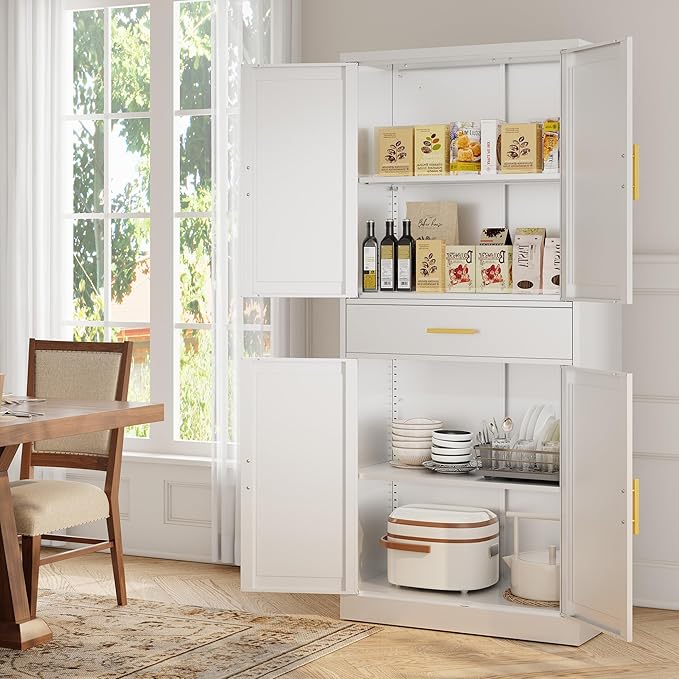 CJF 71" H Metal Kitchen Pantry Storage Cabinet, Freestanding Cupboard with Adjustable Shelves and 1 Drawer, Standing Storage for Kitchen, Bathroom, Garage, Dinning Room or Utility Room（White）