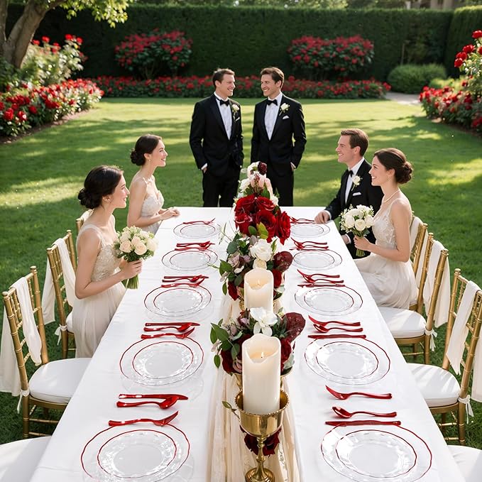 EI 150pcs Clear and Red Plastic Plates,Plastic Plates and sliverware,Clear Disposable Party Dinnerware Set for 30 Guests,Red Wavy Petal Edge Disposable Dinnerware Set for Wedding,Christmas,New Year