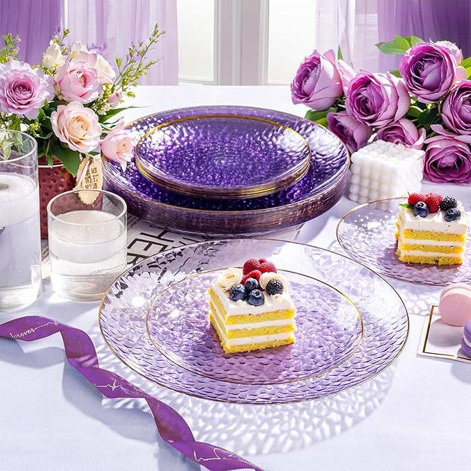 Rubtlamp 100Pcs Purple Gold Plastic Plates, Purple Disposable Plates With Gold Rim, Hammered Plastic plates Include 50 Clear Dessert Platos, 50 Dinner Platos for Party