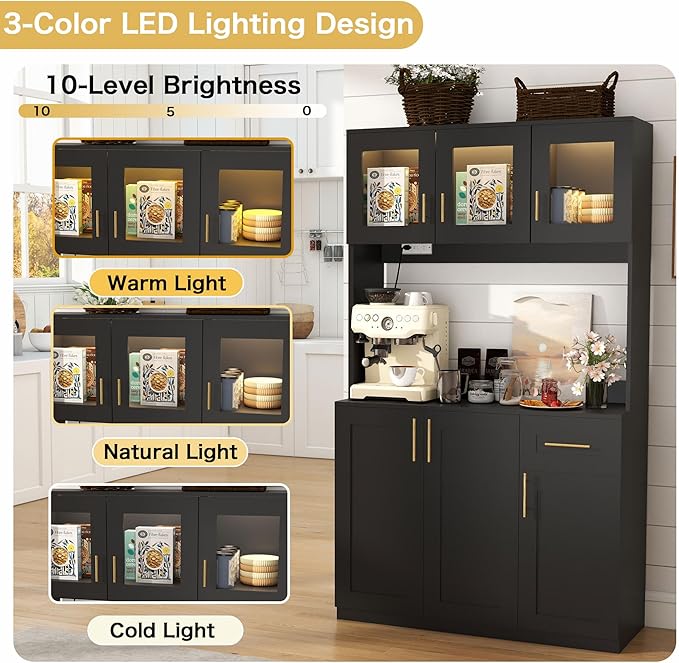 Kitchen Hutch Storage Cabinet: 71" Tall Black Pantry Cabinet with Microwave Shelf, Shaker Style Food Storage Cabinets with Doors and Countertop, with Lights and Charging Station (Black)
