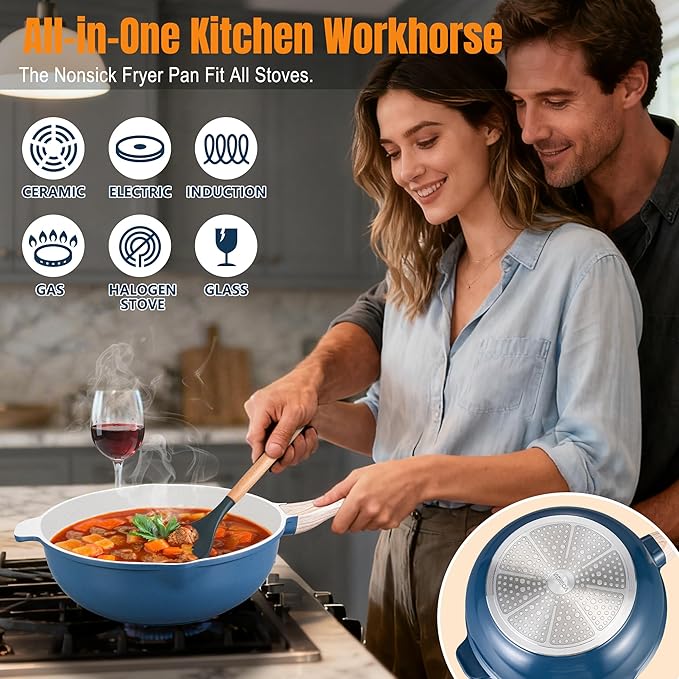 AOSION 11 Inch Nonstick Ceramic Deep Frying Pan Skille with Lid,5QT Saut챕 Pan for Cooking with Steam Rack,Healthy Large Skillet,Stay Cool Handle, Induction Compatible, PFOA & PFAS Free. (BLUE)