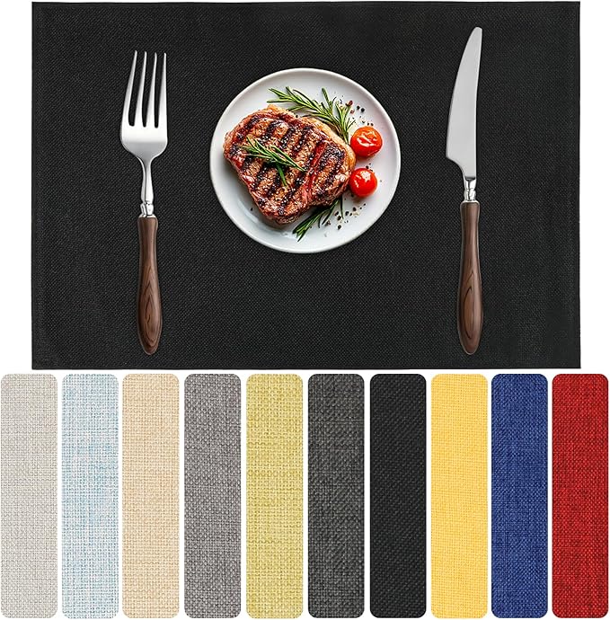 Blue Forest Placemats Set of 8, Dual-Layered Thickened Faux Linen Table Mats Heat Resistant Machine Washable Wrinkle Free Place Mats for Kitchen Dining Outdoor/Indoor (Black)