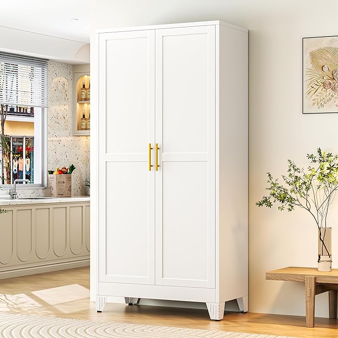 75.2" Tall Metal Storage Cabinet with 2 Doors and 5 Adjustable Shelves, New upgrade Kitchen Pantry Cabinet, White Freestanding Cupboard, 6 Tier Steel Storage for Office, Kitchen, Dining, Garage