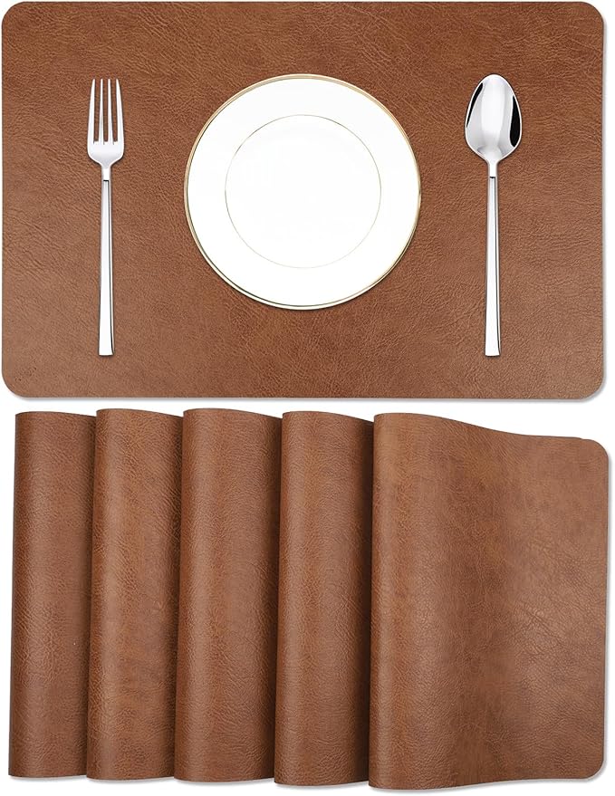 EDanle Cowhide Pattern Faux Leather Placemats Set of 6,Heat Resistant Non-Slip Waterproof Wipeable Washable Kitchen Dining PU Table Place Mats,Double-Sides Available,Dark Coffee