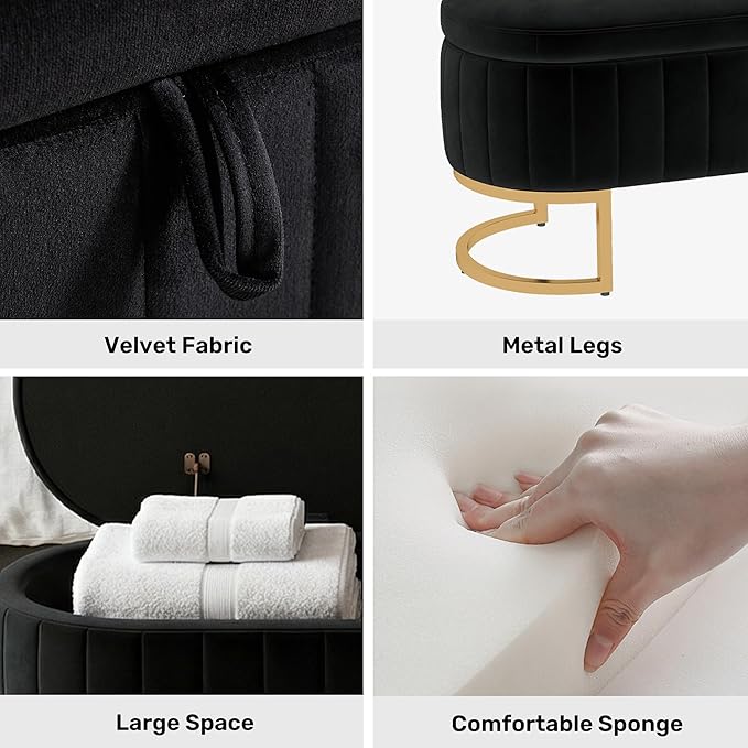 VIROL 51 Inch Storage Ottoman Bench Velvet End of Bed Storage Bench King Size Upholstered Tufted Bench Large Space for Bedroom Living Room Entryway Black