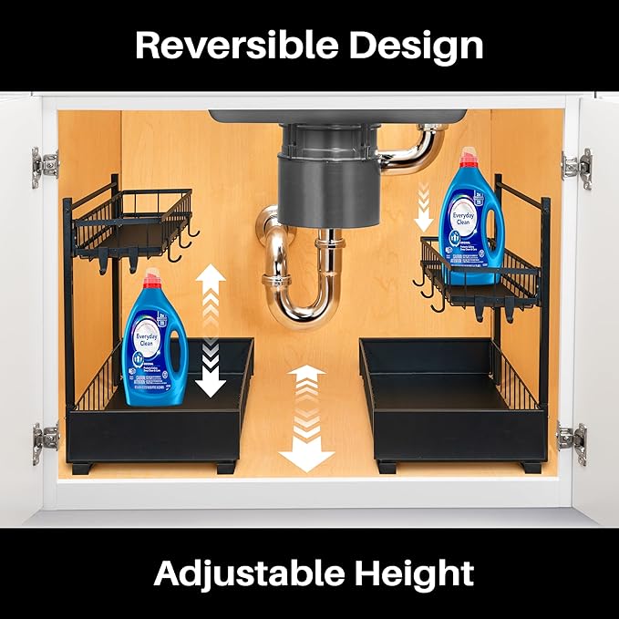 LYNK PROFESSIONAL짰 Pull Out Under Sink Kitchen Cabinet Organizer - 10" W x 14" D 2-Tier Drawer - Sliding Shelf Organizer for Cabinets and Undersink Storage Shelves - Lifetime Ltd. Warranty ??Black