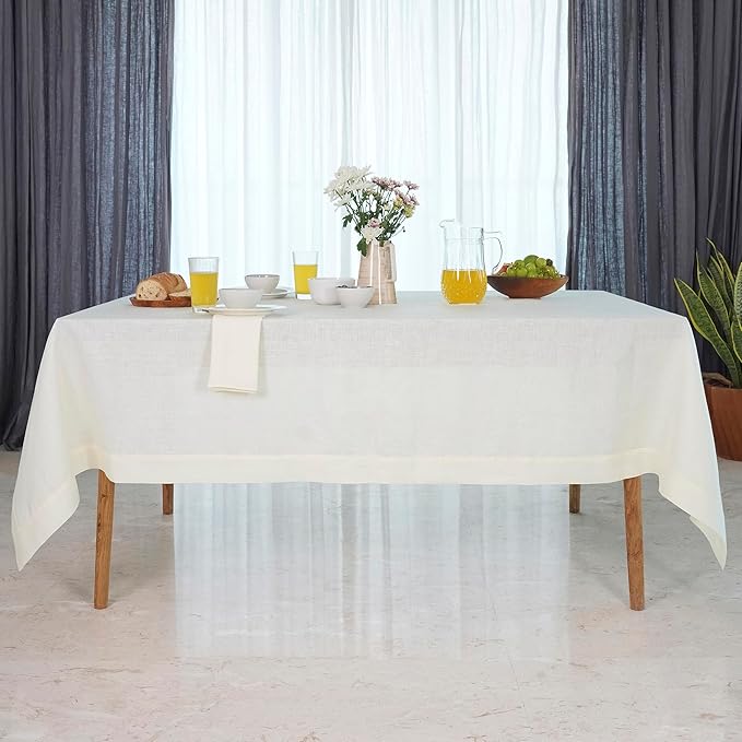 D'Moksha Homes Linen Ivory Tablecloth 60 x 102 Inch - 100% Pure Linen Rectangular Table Cloth - Machine Washable Tablecloth for Valentines, Spring, Easter
