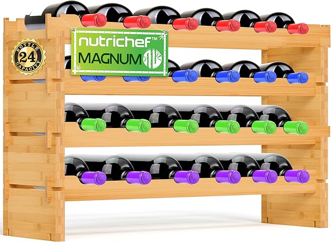 NutriChef Magnum Oversize 24 Bottle Stackable Modular Wine Rack, Upgraded 1??Thick Sideboard, .5??Rack Sticks, Sturdy Wobble Free Natural Bamboo Construction with Anti Moisture Protective Finish