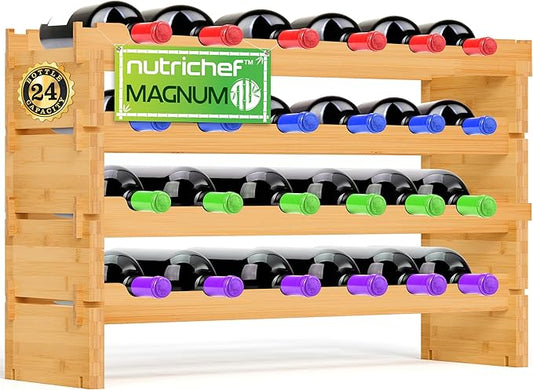 NutriChef Magnum Oversize 24 Bottle Stackable Modular Wine Rack, Upgraded 1??Thick Sideboard, .5??Rack Sticks, Sturdy Wobble Free Natural Bamboo Construction with Anti Moisture Protective Finish