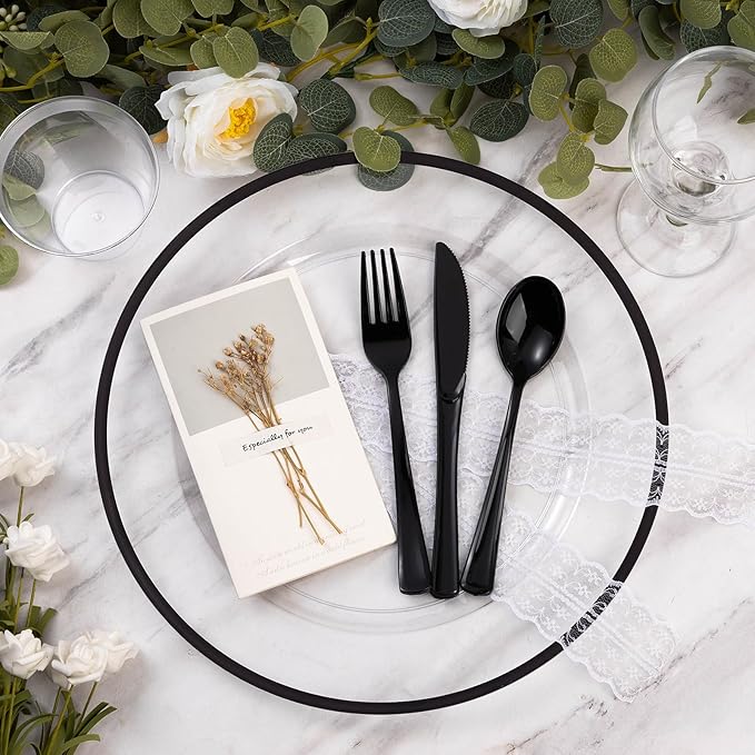 Goodluck 12 Inch Charger Plates, 25 Pack Clear Charger Plates with Black Trim, Plastic Charger Plate Bulk for Dinner, Wedding, Party, Event Decoration, Clear&Black