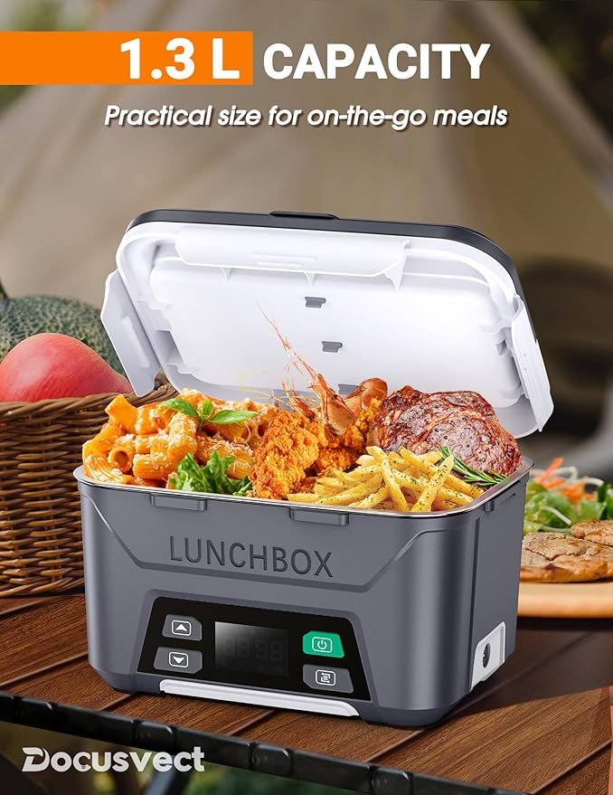 Docusvect Rechargeable Heated Lunch Box for Men, 1.3L Cordless Electric Lunch Box for Adults with Smart Scheduled Heating, Portable Food Warmer with Complete Accessories