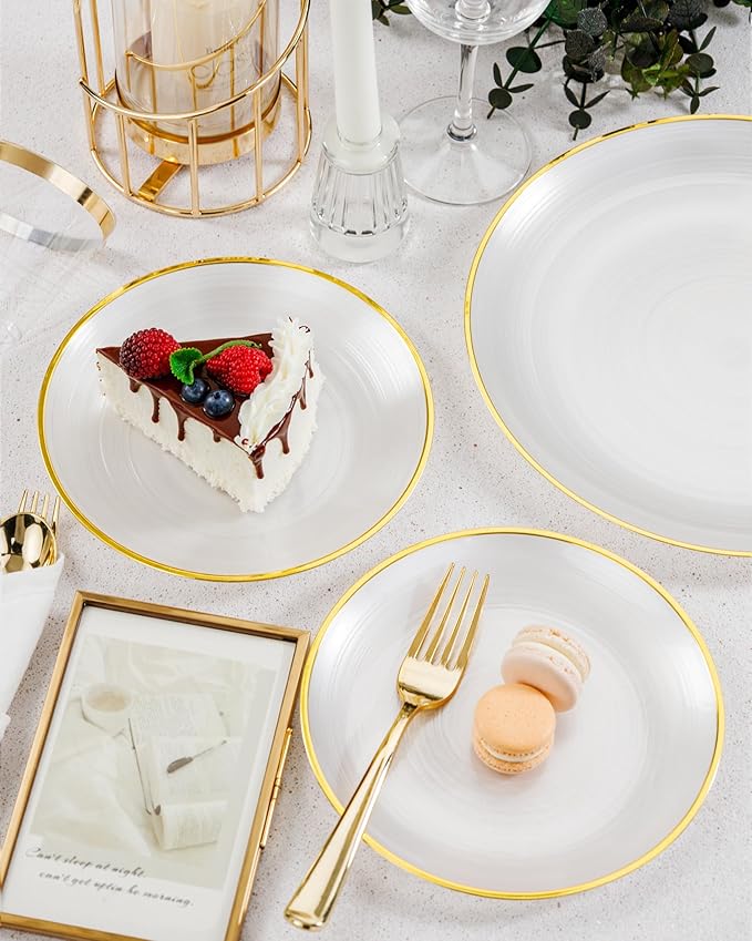 Morejoy 100Pcs Pearl White Plastic Plates,White Disposable Plates With Gold Rim,Heavy-duty Gold Plates, Modern swirl design Plate Include 50Clear Dessert-Platos,50Dinner-Platos for Party&Christmas
