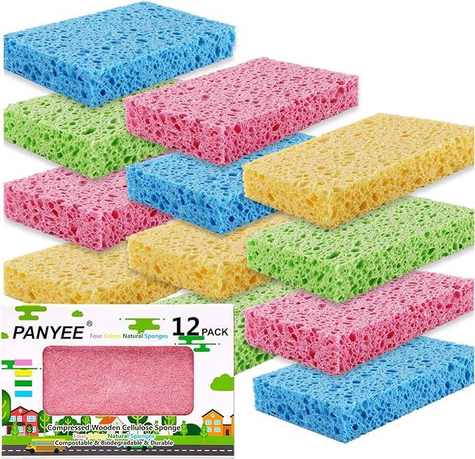Compressed Cellulose Kitchen Sponges 12Pack竊똍on-Scratch Biodegradable Natural Colorful Sponge Scrub for Dishes Cleaning,Funny DIY Sponge for Kids