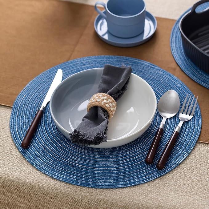 Round Placemats Set of 8 Woven Placemats Washable Braided Table Mats for Dining Table Heat Resistant Non-Slip Circle Place Mats(Mid Blue)