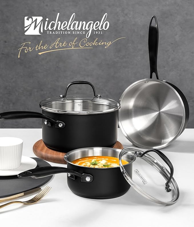 MICHELANGELO Stainless Steel Saucepan Set, Triply-Base Sauce Pan with Lids, Stainless Steel Sauce Pot for All Stoves, Induction Compatible, Oven Safe - 1QT & 2QT & 3QT