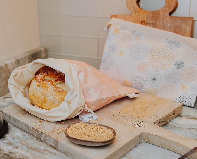 Reusable Beeswax Bread Bag 2 Pack ??2x17 Bread Bag for Homemade Sourdough, Beeswax Coated Organic Cotton Storage Bag for Loaf Baguette, Freezer Safe, Eco-Friendly Wrap Spiral Blossoms