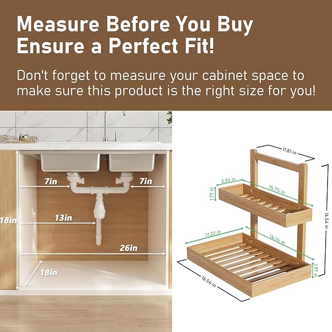 Bamboo Under Sink Organizer and Storage, 2 Tier Pull Out Cabinet Organizer, Slide Out Under Sink Storage Shelf, Undersink Organizers Shelves for Kitchen Bathroom Organization (Nature, 1 Pack)