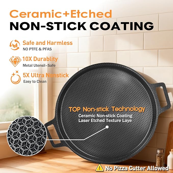 Laser-etched Nonstick Pizza Steel, 3-Layer Hybrid Steel Pizza Pan with Aluminum Core, Better Thermal Conductivity than Stone, Safe Up to 900째F, Food-grade Non-stick Oven Baking Pan, PTFE & PFAS Free